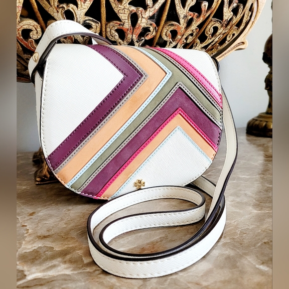 Tory Burch Handbags - Tory Burch White Leather/Suede Multicolor Chevron Mini Crossbody Bag 6.5"×5.5"×2